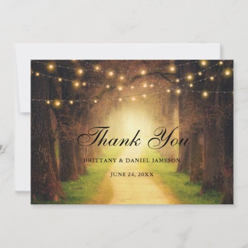 Rustic Forest Path Wood String Lights Wedding Thank You Card