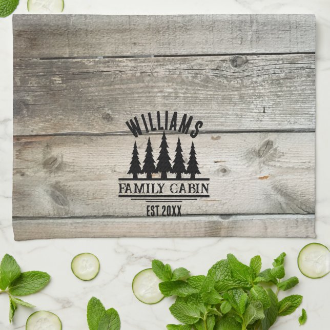 Rustic Forest Personalized Family Cabin Name Est Kitchen Towel (Folded)