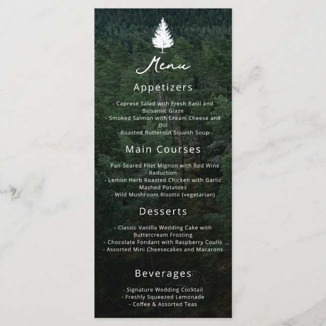 Rustic Forest Photo Fir Tree Silhouette Wedding Menu (Front)