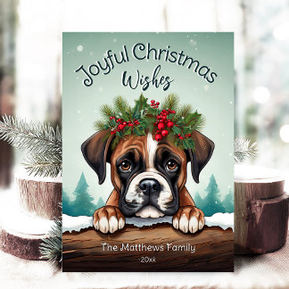Rustic Forest Pines Peeking Boxer Joyful Christmas Holiday Card