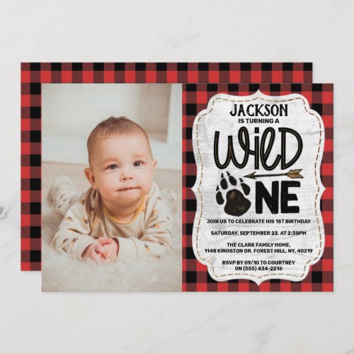 Rustic Forest Plaid Bear Paw Boys 1st Birthday Invitation