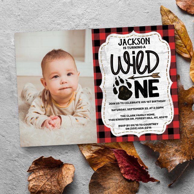Rustic Forest Plaid Bear Paw Boys 1st Birthday Invitation (Creator Uploaded)