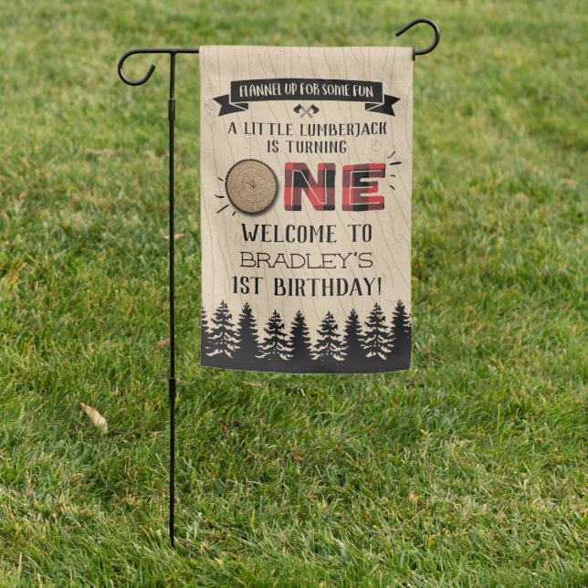 Rustic Forest Plaid Lumberjack Boys 1st Birthday Garden Flag (In SItu)