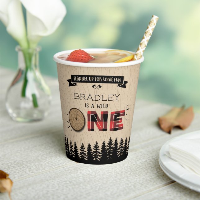 Rustic Forest Plaid Lumberjack Boys 1st Birthday Paper Cups (Insitu)