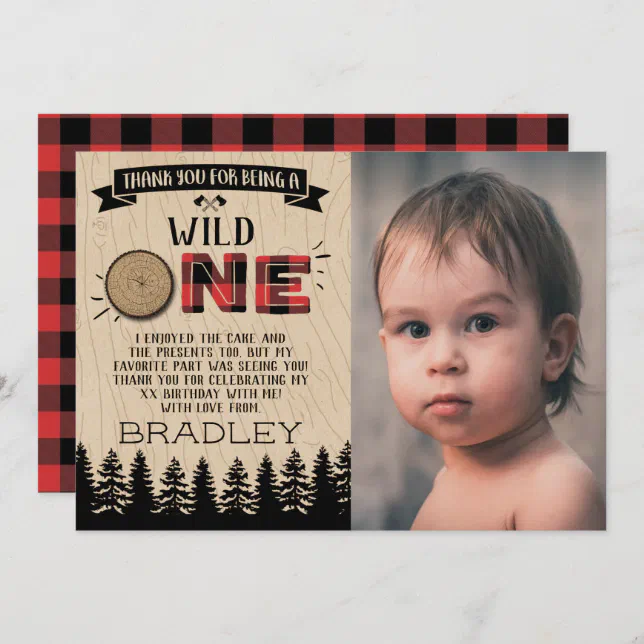 Rustic Forest Plaid Lumberjack Boys 1st Birthday Thank You Card 