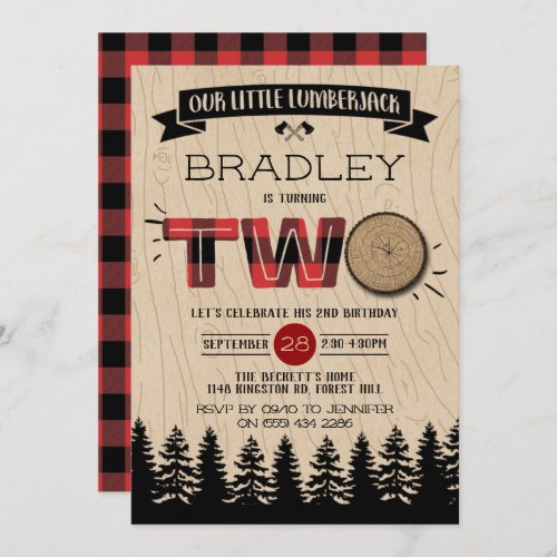 Rustic Forest Plaid Lumberjack Boys 2nd Birthday Invitation