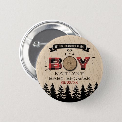 Rustic Forest Plaid Lumberjack Boys Baby Shower Button