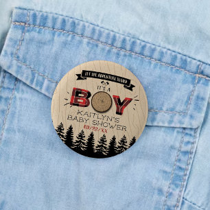 Rustic Forest Plaid Lumberjack Boys Baby Shower Button