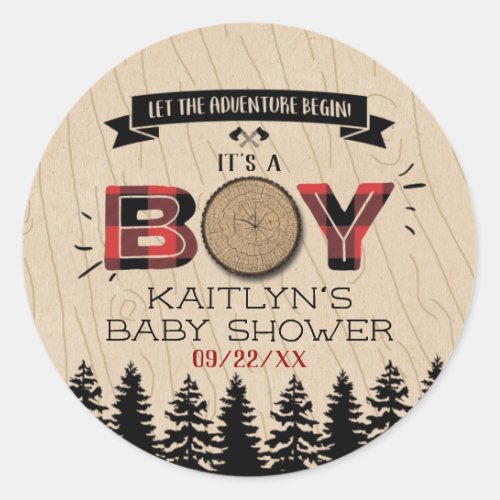 Rustic Forest Plaid Lumberjack Boys Baby Shower Classic Round Sticker