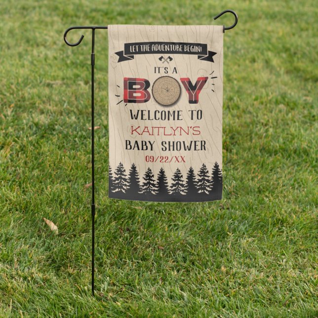 Rustic Forest Plaid Lumberjack Boys Baby Shower Garden Flag (In SItu)