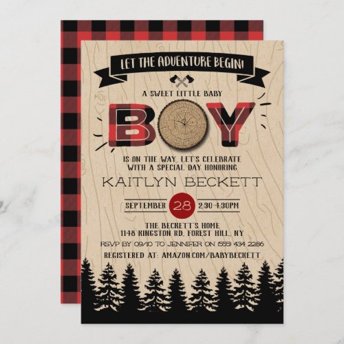 Rustic Forest Plaid Lumberjack Boys Baby Shower Invitation