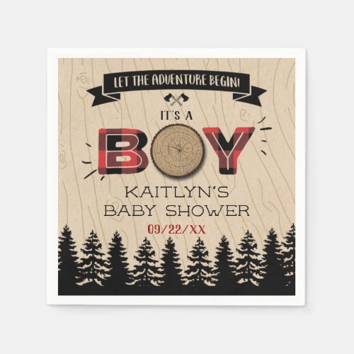 Rustic Forest Plaid Lumberjack Boys Baby Shower Napkins