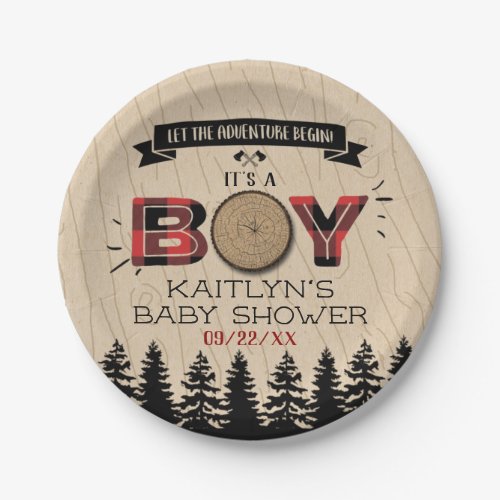 Rustic Forest Plaid Lumberjack Boys Baby Shower Paper Plates