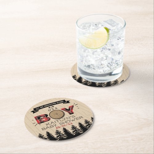 Rustic Forest Plaid Lumberjack Boys Baby Shower Round Paper Coaster