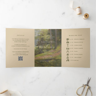 Rustic Forest QR Code Elegant Wedding Tri-Fold Invitation