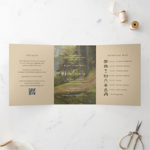 Rustic Forest QR Code Elegant Wedding Tri-Fold Invitation