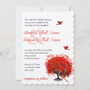 Rustic Forest Red Tree Love Birds Wedding Invitation