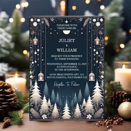 Rustic Forest Stars Snow Bright Winter Wedding Invitation