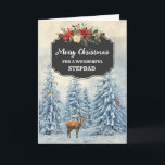 Rustic Forest Stepdad Merry Christmas Card<br><div class="desc">Merry Christmas for stepdad card with rustic country chalkboard pattern and snowy watercolor forest scene with deer and birds.</div>