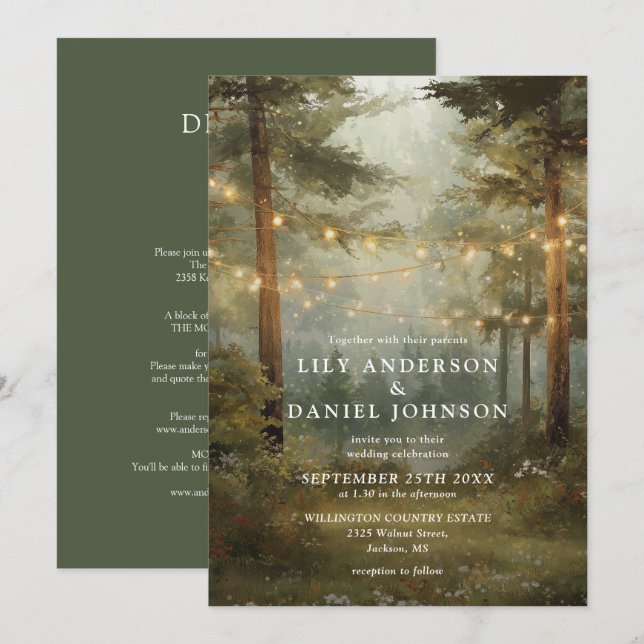 Rustic Forest String Lights All In One Wedding Invitation (Front/Back)