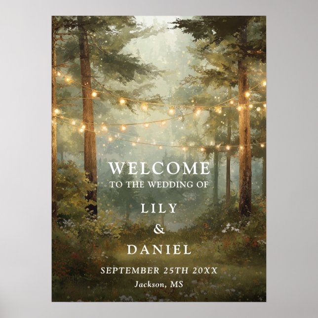 Rustic Forest String Lights Wedding Welcome Sign (Front)