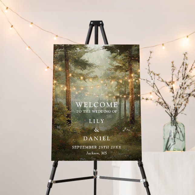 Rustic Forest String Lights Wedding Welcome Sign (In Situ (Stand))
