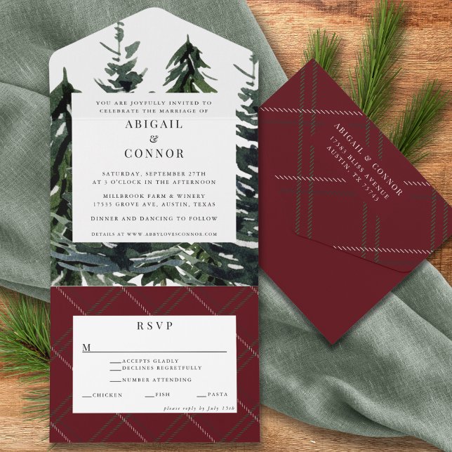 Rustic Forest Tartan Plaid Red Black Green White All In One Invitation (Creator Uploaded)