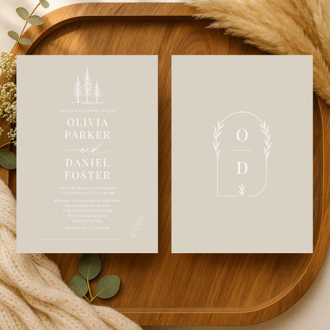 Rustic Forest Taupe Beige Line Art  Wedding Invitation (Creator Uploaded)