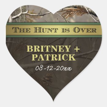 Rustic Forest The Hunt Is Over Camo Wedding Favors Heart Sticker by natureprints at Zazzle