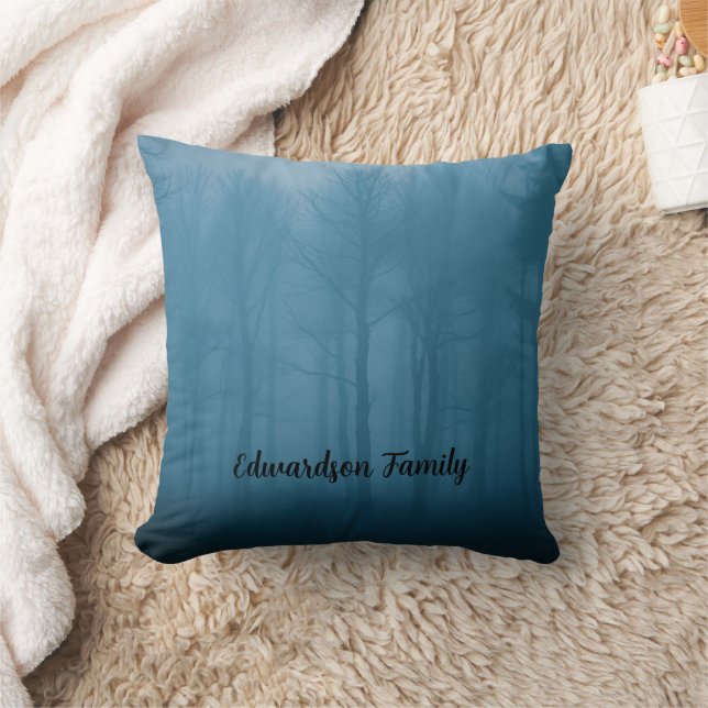 Rustic forest trees in the mist monogram name throw pillow (Blanket)