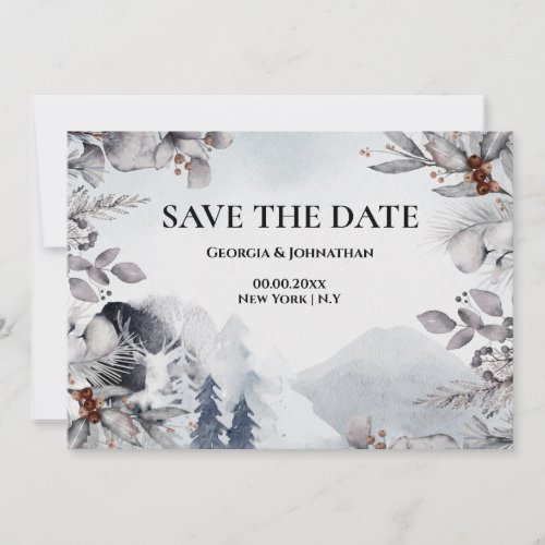 Rustic forest watercolor mountain deer misty save the date