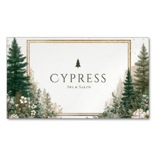 Rustic Forest Watercolor Pine Tree Gold Frame Business Card Magnet