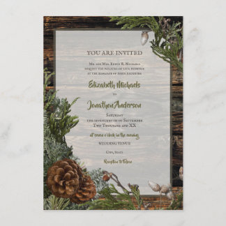 Rustic Forest Wedding Dark Wood Evergreen Bough Invitation