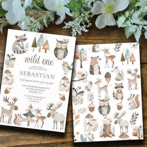 Rustic Forest Woodland Animals Wild One Birthday Invitation