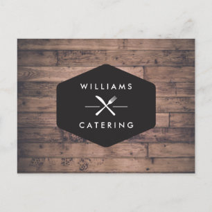 Rustic Fork Knife Catering Logo on Distressed Wood Postcard