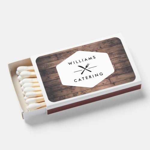 Rustic Fork Knife Logo in White on Distressed Wood Matchboxes