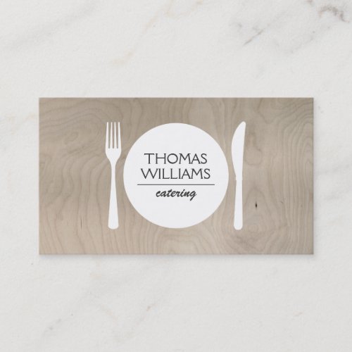 RUSTIC FORK, KNIFE, PLATE LOGO on LIGHT WOODGRAIN Business Card Templates