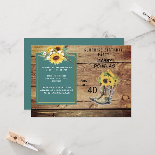 Rustic Fortieth Birthday Sunflower Party Invitation