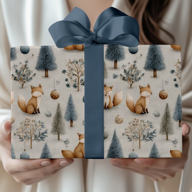 Rustic Fox and Christmas Tree and Bauble In Blue Wrapping Paper (Creator Uploaded)