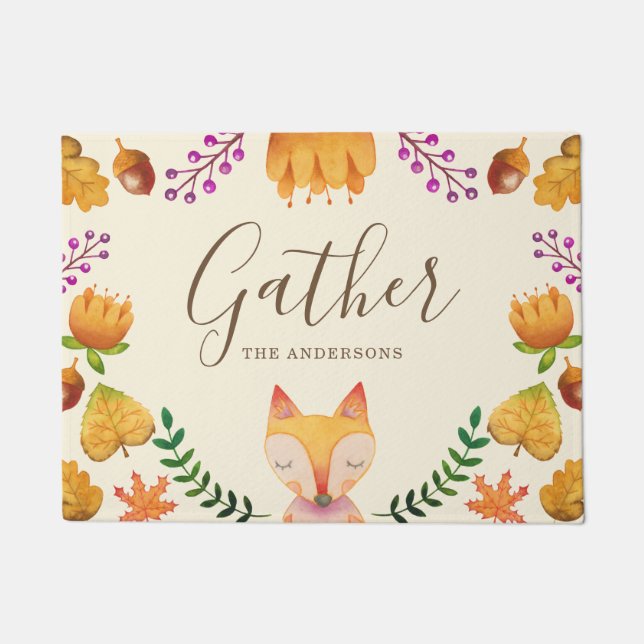 Rustic Fox Autumn Foliage Personalized Doormat (Front)