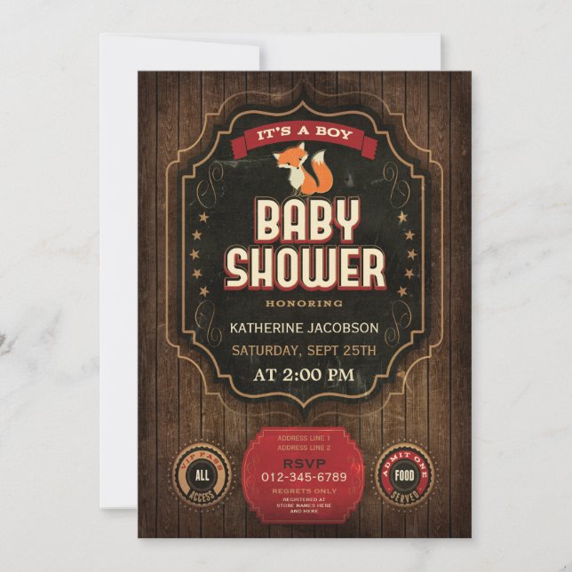 Rustic Fox Baby Shower Vintage Chalkboard & Wood Invitation (Front)