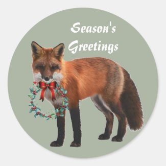 Rustic Fox Round  Christmas Sticker, Glossy
