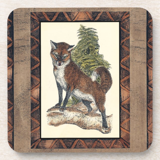Rustic Fox Stepping on a Tree Trunk Beverage Coaster (Front)