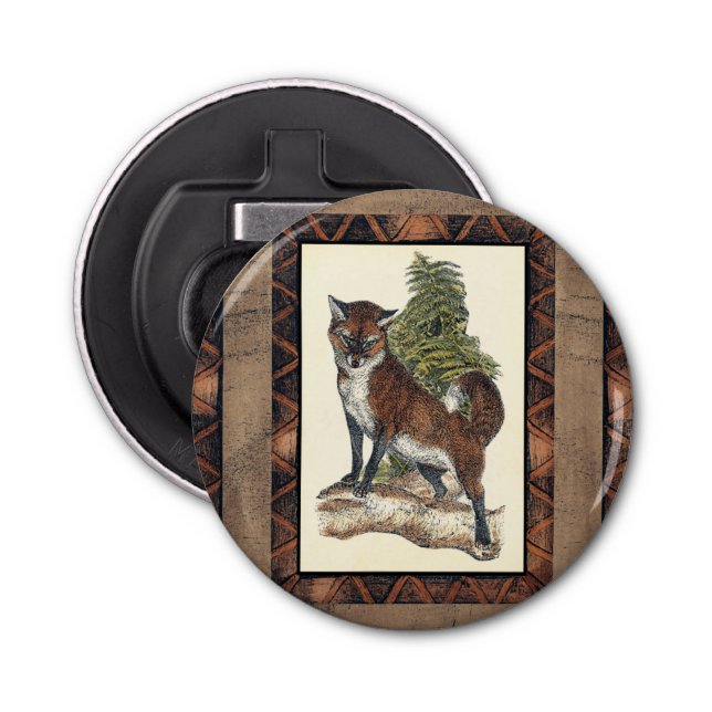 Rustic Fox Stepping on a Tree Trunk Bottle Opener (Front)