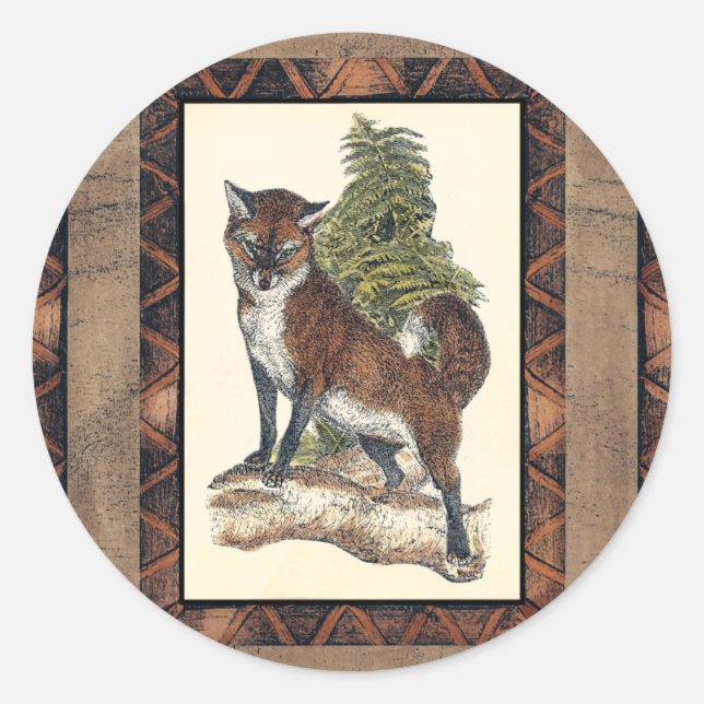 Rustic Fox Stepping on a Tree Trunk Classic Round Sticker (Front)