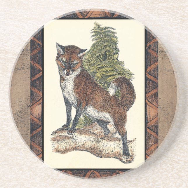 Rustic Fox Stepping on a Tree Trunk Drink Coaster (Front)