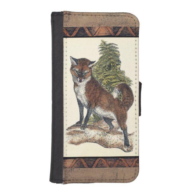 Rustic Fox Stepping on a Tree Trunk iPhone Wallet Case (Front)