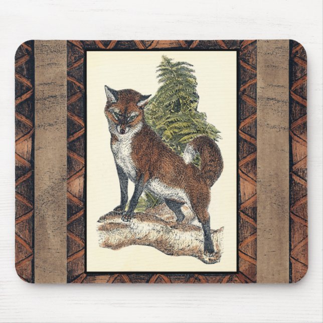 Rustic Fox Stepping on a Tree Trunk Mouse Pad (Front)