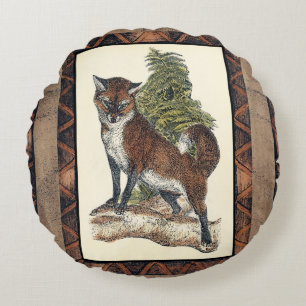 Rustic Fox Stepping on a Tree Trunk Round Pillow
