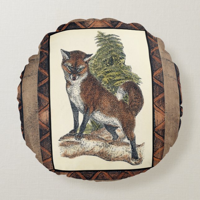 Rustic Fox Stepping on a Tree Trunk Round Pillow (Front)